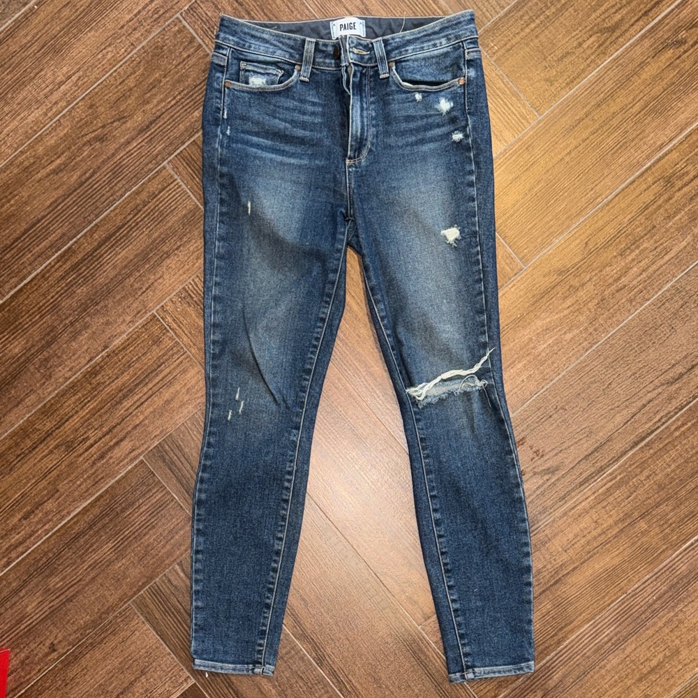 PAIGE HOXTON ANKLE Indigo Distressed Skinny Jeans Size 28